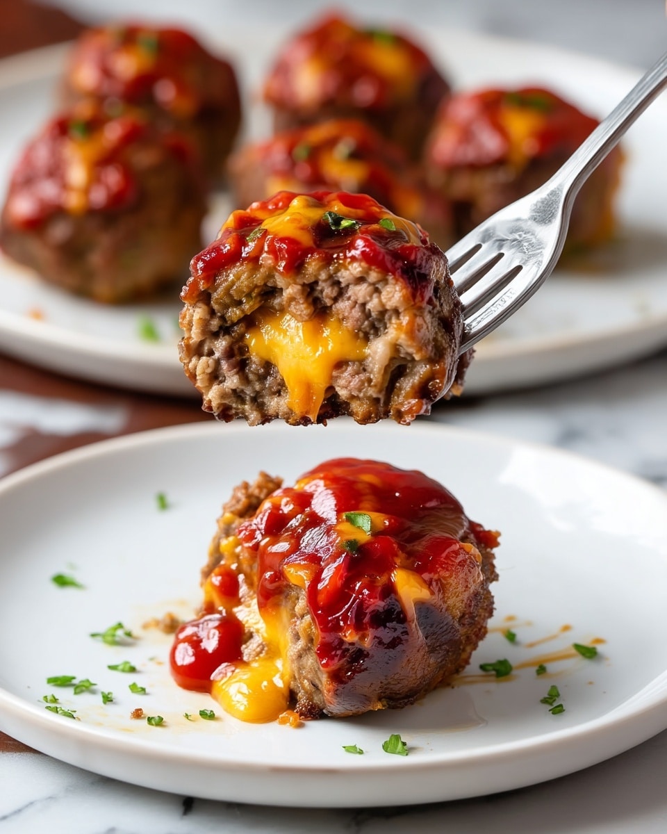 A fork holds a bite-sized meatball with a rough textured brown outer layer, made of cooked ground meat; the inside has a middle layer of melted orange cheddar cheese that oozes out slightly, and the top is coated with a thick shiny red sauce, garnished with small green herb pieces. On a white plate beneath, other meatballs with the same three layers are visible, sitting on a white marbled surface. Photo taken with an iphone --ar 4:5 --v 7