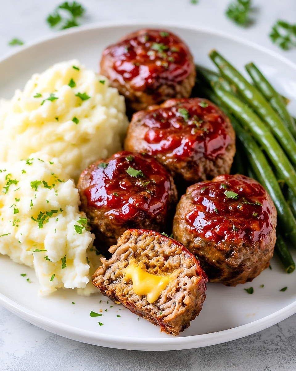 A white plate holds six round meatloaf muffins with a shiny reddish-brown glaze and small green herb sprinkles on top. Two of these muffins are cut open, showing a melted yellow cheese center inside the brown textured meat. On one side of the plate, there is a creamy, fluffy white mashed potato scoop with green herb sprinkles, and on the other side, a stack of long, green cooked green beans. The plate is placed on a white marbled surface. photo taken with an iphone --ar 4:5 --v 7