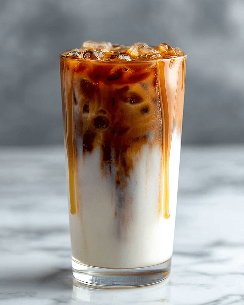 A clear glass filled with three visible layers: the bottom layer is a thick caramel sauce with a rich golden brown color, the middle layer is dark coffee with a deep brown shade, and the top layer is a thick white foam cream swirled with caramel sauce, some caramel dripping down the rim of the glass. The glass is placed on a white marbled surface with a blurred background showing part of another similar glass. photo taken with an iphone --ar 4:5 --v 7