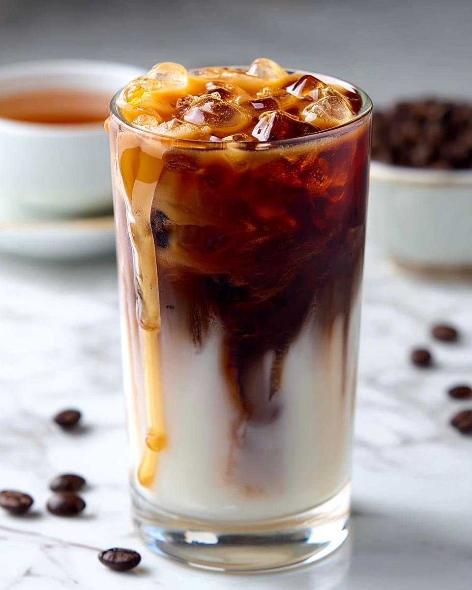 A tall clear glass with vertical ridges holds a three-layered iced coffee drink. The bottom layer is a rich brown coffee color with a slightly translucent texture, the middle layer is lighter and creamier, blending softly upward, and the top layer is thick white foam. Golden caramel sauce drips over the rim of the glass in shiny, thick streams. A clear glass straw is inserted from the top. The glass sits on a round wooden tray set on a white marbled surface. photo taken with an iphone --ar 4:5 --v 7