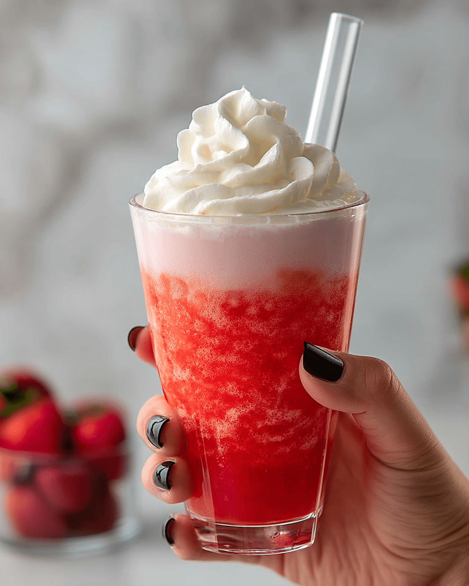A clear glass cup filled with a drink made of three visible layers: the bottom layer is bright red with a thick texture, the middle layer is light pink and smooth, and the top layer is white whipped cream, slightly swirled and fluffy. A clear straw is inserted in the drink, and a woman's hand with black nail polish holds the cup against a soft, blurred white marbled background, with a small bowl of strawberries faintly visible behind. Photo taken with an iphone --ar 4:5 --v 7