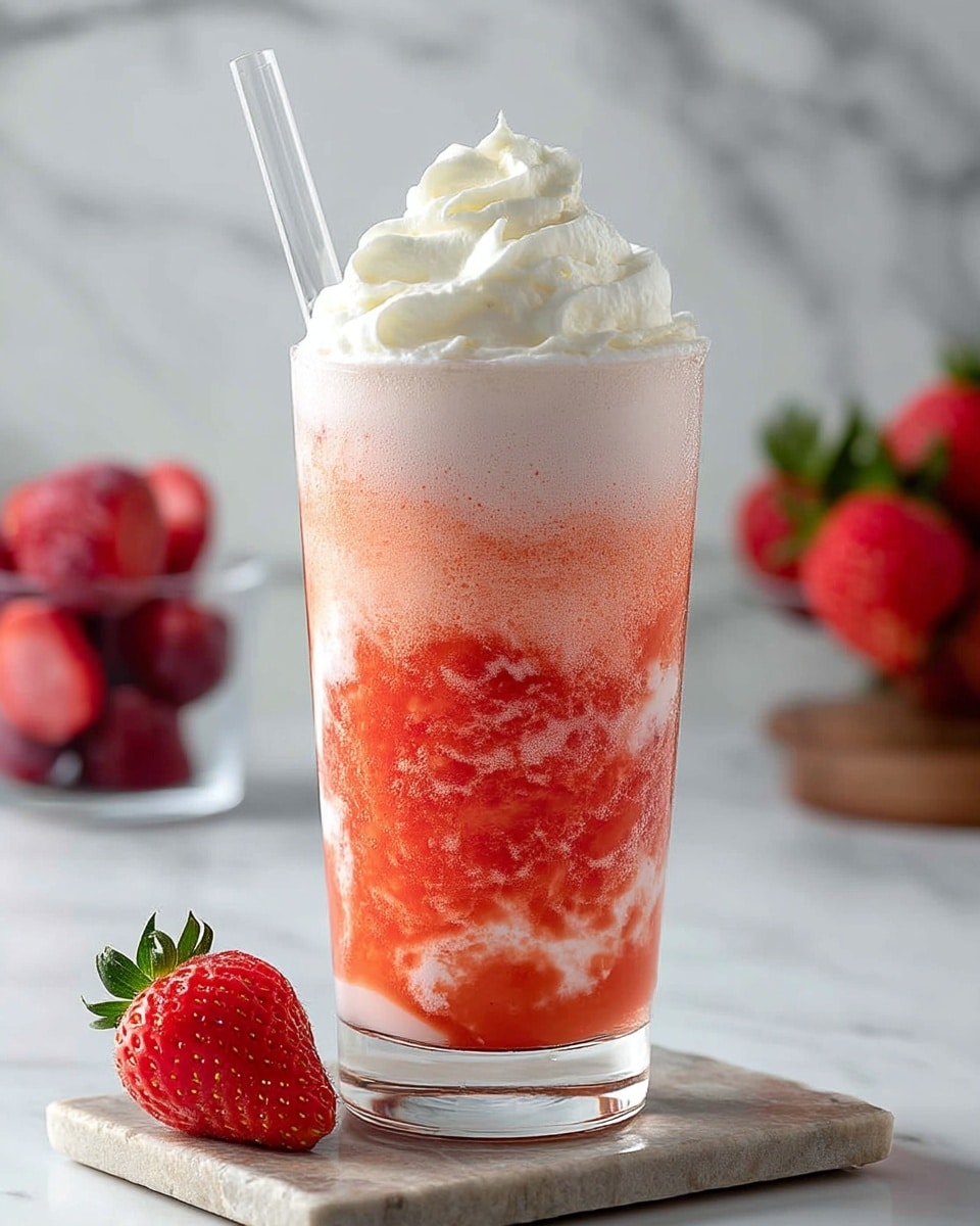 A clear glass filled with a three-layered strawberry drink sits on a square stone coaster over a white marbled surface. The bottom layer is a thick, textured, bright red strawberry puree that swirls up into a thick pale pink creamy smoothie middle layer occupying the most space. The top layer is a fluffy white whipped cream dome, slightly peaked above the rim. A clear straw stands tall from within the whipped cream. In the background, on the left side, a bowl of whole strawberries and a single strawberry in front add bright red accents. The photo taken with an iphone --ar 4:5 --v 7