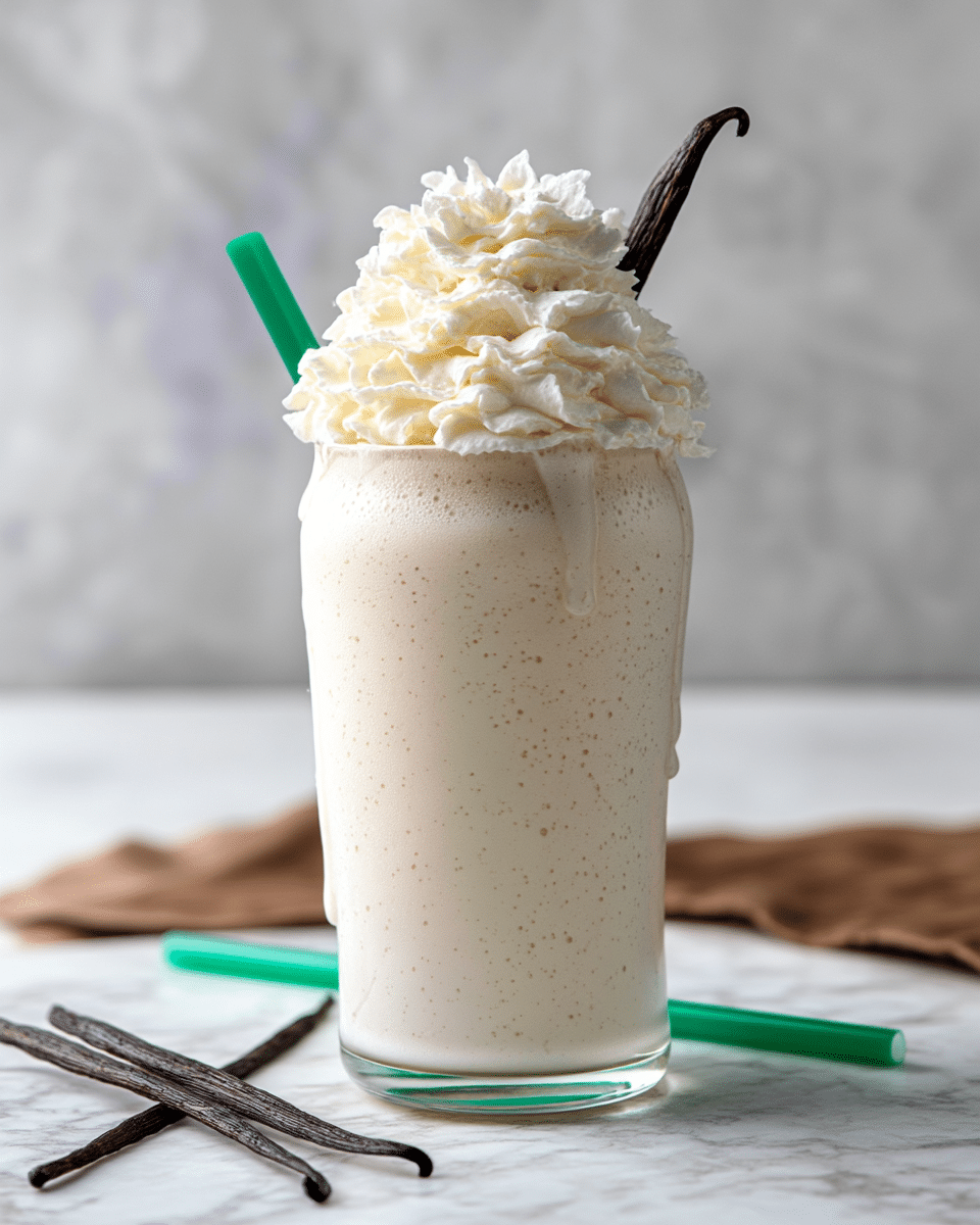 A tall clear glass is filled with a thick, creamy off-white vanilla milkshake that slightly overflows and drips down the sides. The top layer is a generous swirl of fluffy white whipped cream, with a dark brown vanilla bean pod sticking out as decoration. The glass sits on a white marbled surface, with a green straw lying next to the glass, and two other vanilla bean pods resting nearby. The background is a soft, light gray with a subtle blur. photo taken with an iphone --ar 4:5 --v 7