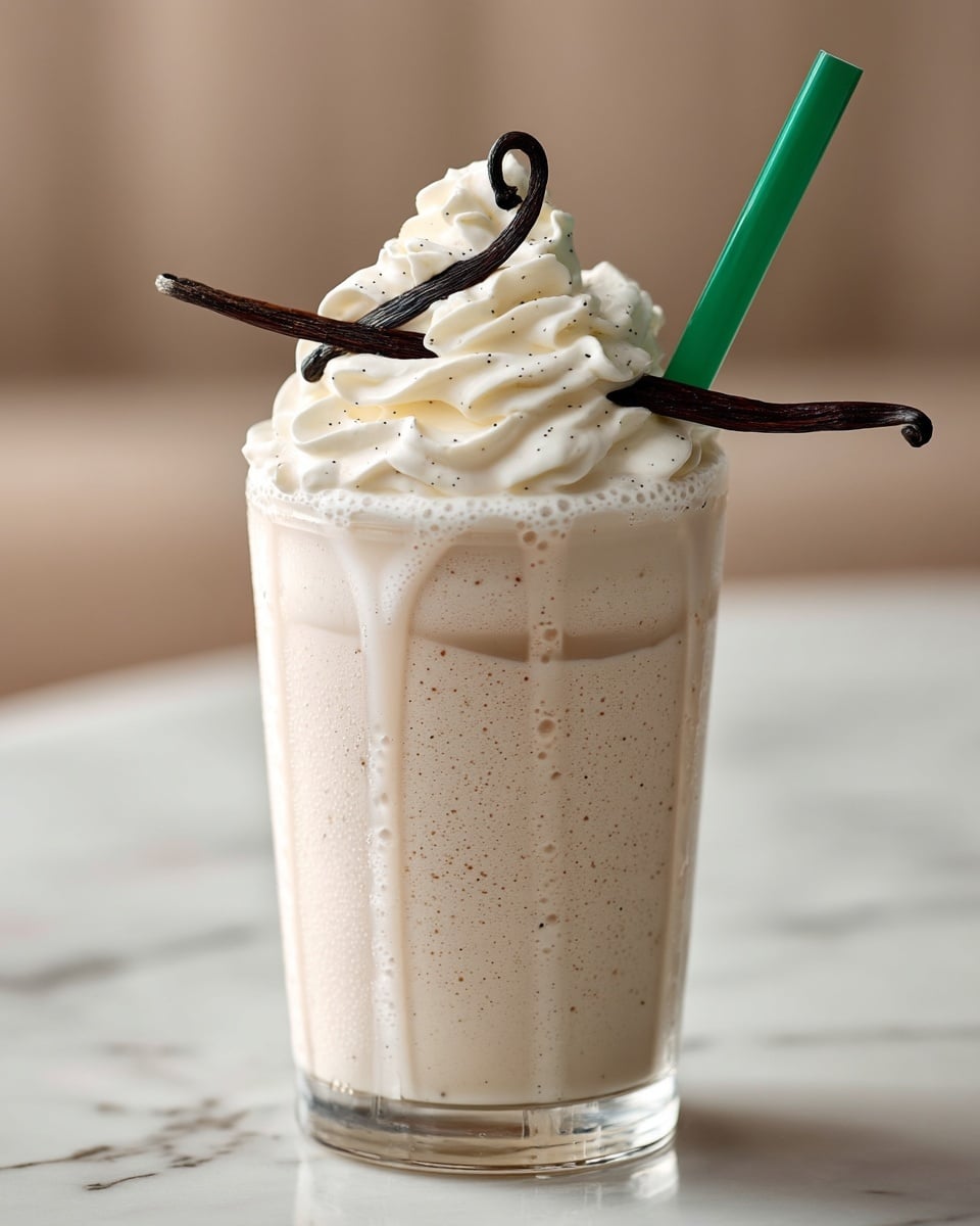 A close-up view of a creamy light beige drink in a clear glass, topped with a thick swirl of white whipped cream that is sprinkled with small black vanilla seeds. On top of the whipped cream sits a dark brown vanilla bean pod, neatly curved. A green straw is placed on the right side, partially inserted into the drink. The glass rests on a white marbled surface with a soft, blurred background. Photo taken with an iphone --ar 4:5 --v 7