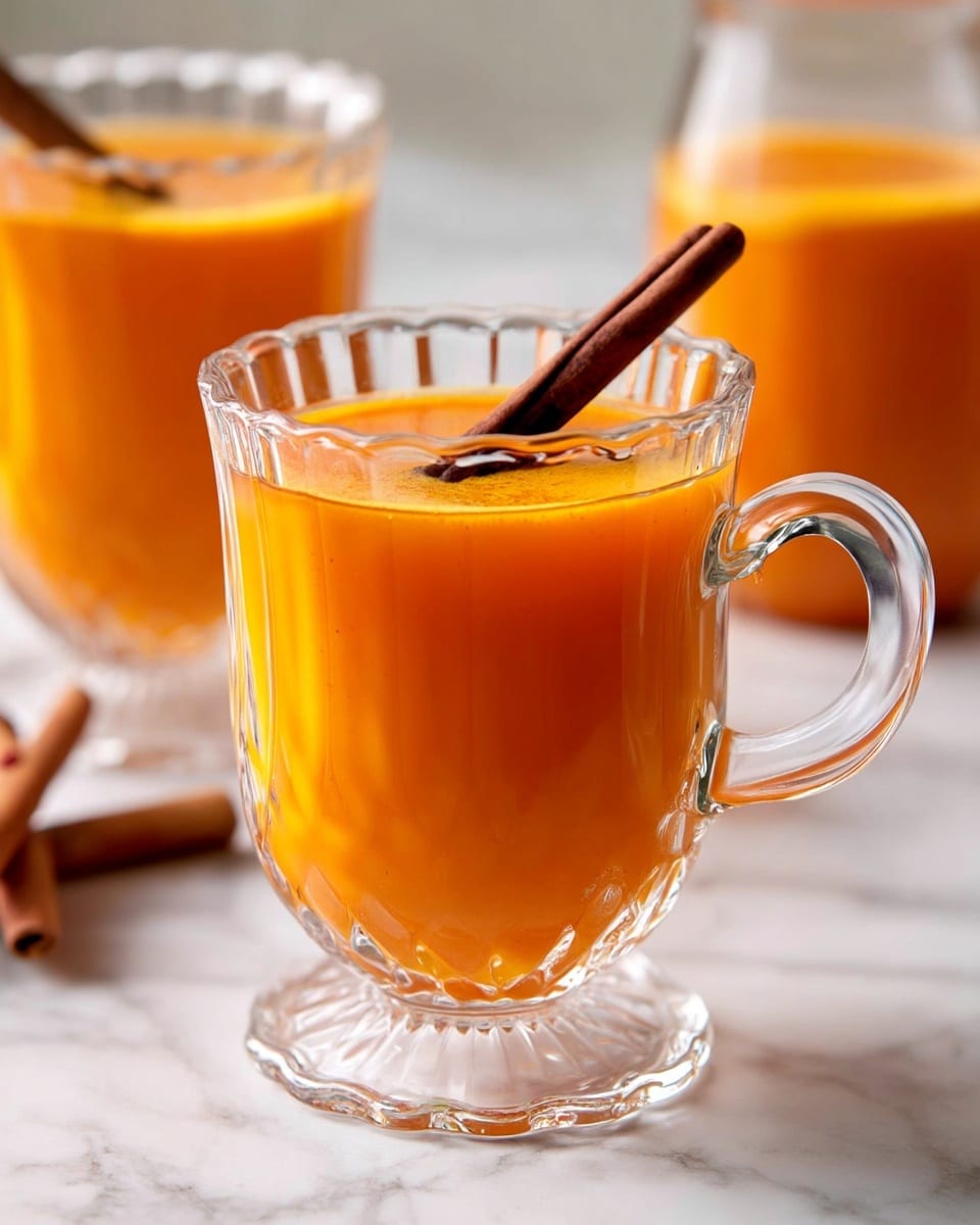 A clear glass cup with a rounded shape and a handle is filled with a warm orange-colored drink. Inside the drink, there is a bright orange slice floating on the surface, accompanied by a dark brown cinnamon stick resting diagonally. The background shows a white marbled tabletop with blurred red apples and a small container with cinnamon sticks in the distance. photo taken with an iphone --ar 4:5 --v 7