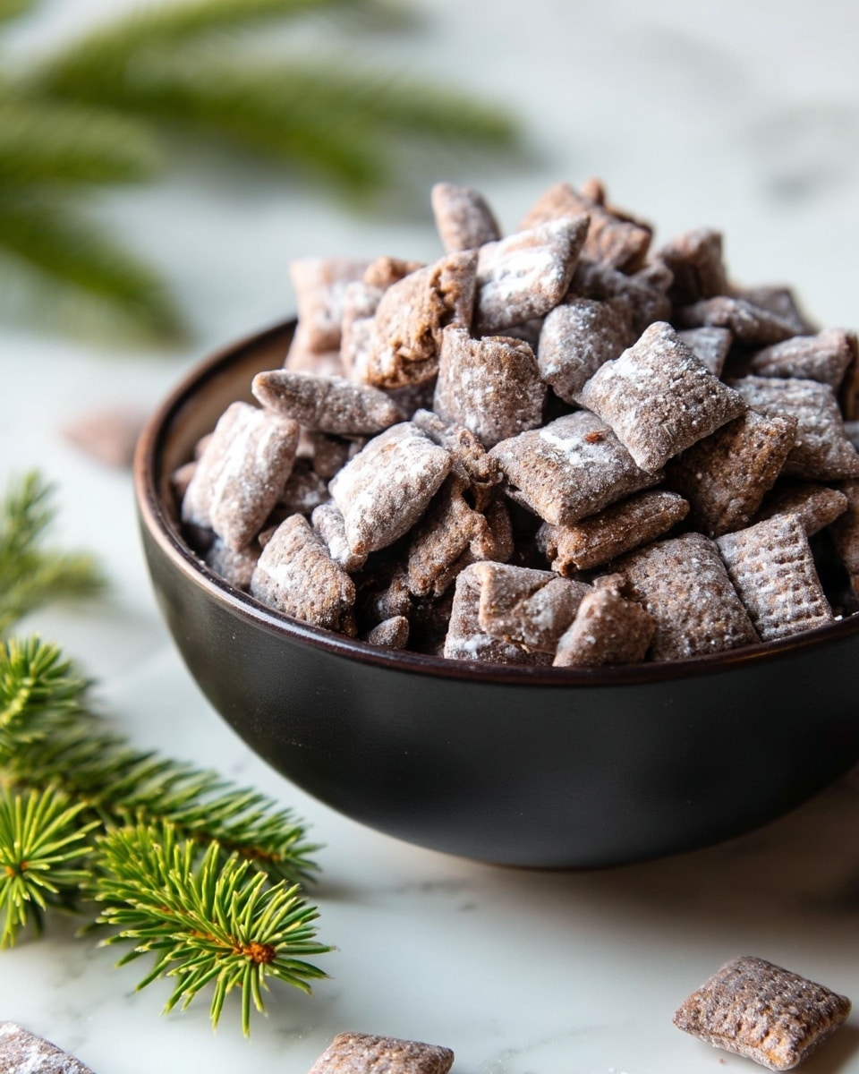 A close-up view of a dark bowl filled with small, square cereal pieces covered in a light dusting of powdered sugar, giving them a slightly frosted look with shades of brown and white; the bowl is placed on a white marbled surface with a few cereal pieces scattered around it and a small green pine branch in the bottom left corner of the image, creating a cozy, wintery feel. photo taken with an iphone --ar 4:5 --v 7