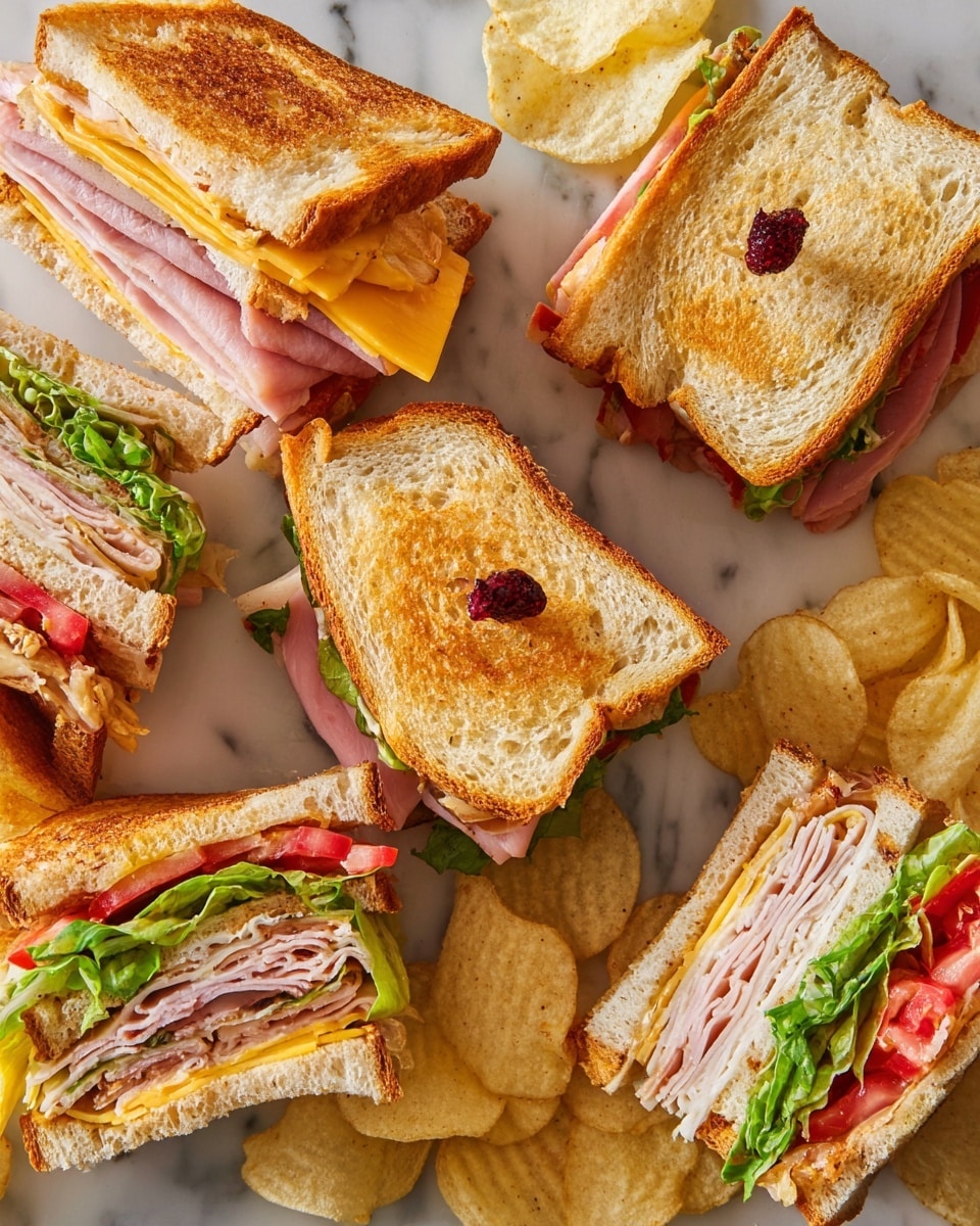 A close-up image of a club sandwich cut into a triangle, showing four layers of toasted bread with a light golden color and a soft, airy texture. The bottom layer has green leafy lettuce and bright red tomato chunks with a creamy spread on the bread. Above that is a thick slice of melted cheddar cheese with a slice of white turkey or chicken meat, topped with folded slices of pink ham. The sandwich is held together with a small green pickle spear toothpick, and a partial pickle slice is visible on a white marbled surface behind the sandwich. photo taken with an iphone --ar 4:5 --v 7