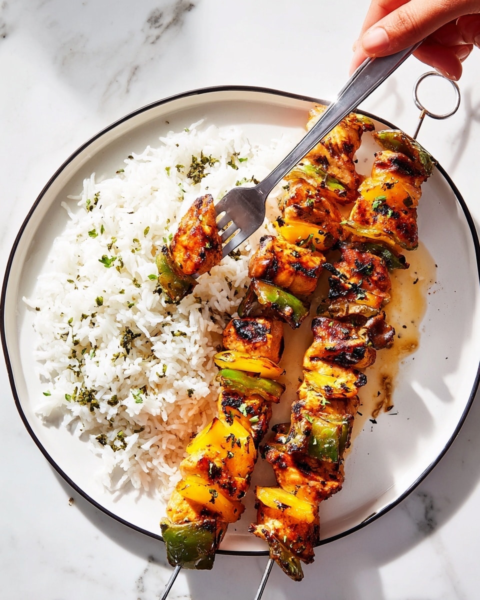 The image shows two grilled kebab skewers placed diagonally over a bed of white cooked rice on a white round plate with a thin black rim. Each skewer has layers consisting of golden yellow grilled pineapple pieces, charred orange grilled chicken chunks, and green bell pepper slices, creating a colorful mix of yellow, orange, and green. The food appears slightly charred with grilled marks. The rice underneath is fluffy and pure white, garnished sparsely with small green herb leaves. A woman's hand is holding a fork, piercing a piece of the kebab on the lower skewer. The plate sits on a white marbled surface. Photo taken with an iphone --ar 4:5 --v 7