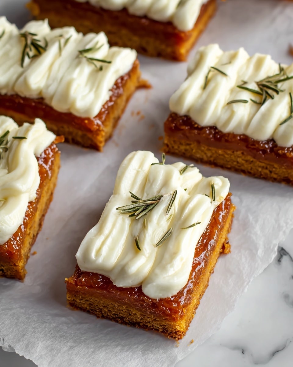 The image shows rectangular pieces of golden brown baked dessert arranged on white parchment paper over a white marbled surface. Each piece has a thick, slightly crispy base with a caramelized, shiny texture. On top of the base, there is a layer of white creamy frosting applied in smooth, thick waves covering the entire top. Scattered on the frosting are small, thin green herb sprigs that look like rosemary, adding a touch of texture and color contrast. The dessert pieces have clean, straight edges and appear moist and rich. Photo taken with an iphone --ar 4:5 --v 7