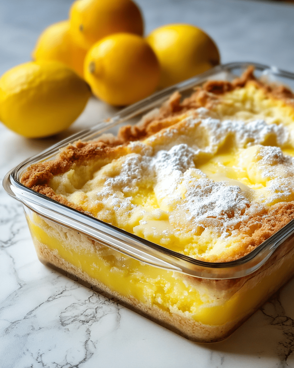 The image shows a baked lemon dessert in a clear glass rectangular dish, placed on a white marbled textured surface with some lemons in the background. The dessert has two main layers: a golden-brown crumbly crust that lines the edges and base, and a soft, yellow, creamy lemon filling with a slightly cracked top. The top of the lemon filling is dusted with a thin layer of white powdered sugar that adds texture and highlights the uneven surface of the bake. The crust looks crunchy and thicker around the sides with a finer texture near the bottom. Photo taken with an iphone --ar 4:5 --v 7