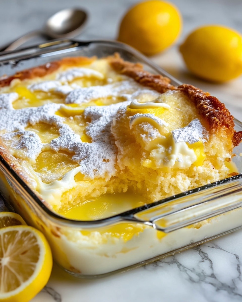 A glass rectangular dish shows a baked lemon dessert with three visible layers: at the bottom, a light yellow creamy curd filling; in the middle, soft, spongy cake that is pale yellow and moist; and on top, powdery white powdered sugar dusted unevenly, with slices of bright yellow lemon partially submerged in the sugar and cake layer. The edges are golden brown and crisp, and a portion has been scooped out, revealing the juicy lemon filling pooling inside. The dish sits on a white marbled surface with whole yellow lemons and a silver spoon blurred in the background. photo taken with an iphone --ar 4:5 --v 7