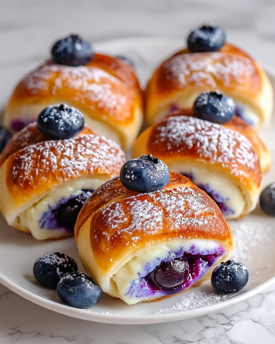A close-up of five golden brown rolls, each with three visible layers: a shiny, lightly browned top layer of soft dough, a middle white creamy layer, and a bottom layer of purple blueberry filling with a whole blueberry inside. Each roll is sprinkled with white powdered sugar and topped with a single fresh blueberry. The rolls are arranged on a white plate with a few extra blueberries scattered around, all set on a white marbled surface. photo taken with an iphone --ar 4:5 --v 7