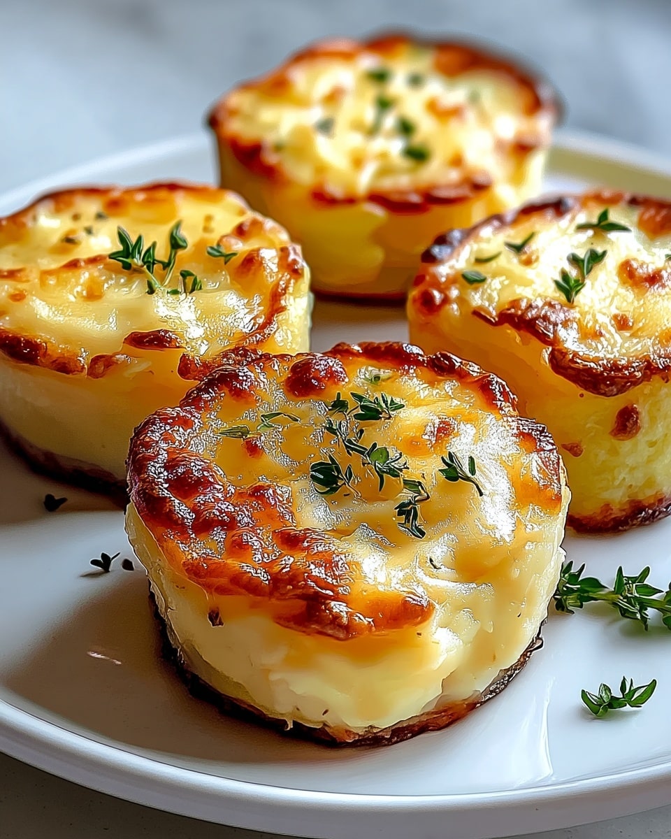 The image shows four small round mashed potato cakes on a white plate set on a white marbled surface. Each cake has two distinct layers: a bottom browned crust that looks crispy and a top mashed potato layer that is creamy and slightly golden from baking, with some browned spots. The tops have a slightly bubbly texture and they are garnished with small green herb sprigs, likely thyme, adding a fresh color contrast. The cakes are arranged closely together, with the focus on the nearest one in the front. photo taken with an iphone --ar 4:5 --v 7