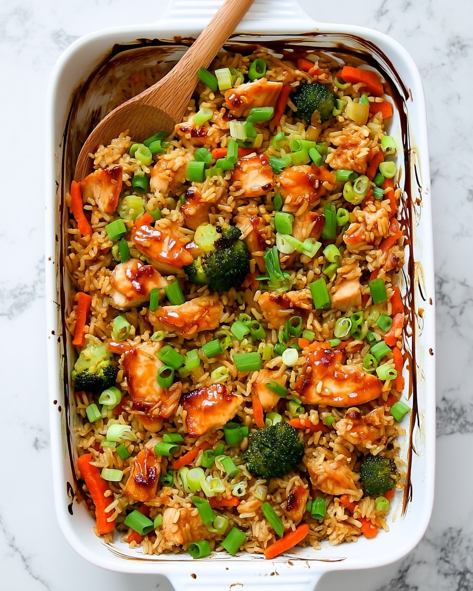 The image shows a white rectangular ceramic baking dish filled with a colorful rice dish. The base layer consists of light brown cooked rice mixed evenly with bright orange carrot slices and small green broccoli florets. On top of this, there are pieces of golden-brown glazed chicken scattered throughout, glistening with a light sauce. The dish is garnished generously with fresh, chopped green onions that add a pop of vivid green color. A wooden spoon is partially visible, resting inside the dish, suggesting the food is ready to be served. The dish sits on a white marbled textured surface. photo taken with an iphone --ar 4:5 --v 7