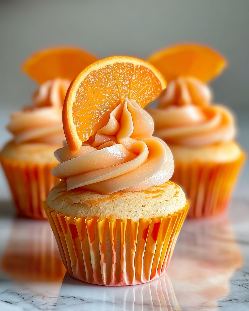 Three orange cupcakes are shown on a shiny surface with a white marbled background. Each cupcake has a light golden sponge base in a bright orange paper liner. On top of each cupcake is a thick swirl of smooth, pale orange frosting with a slightly glossy texture. Standing upright in the frosting is a thin slice of fresh orange, adding a bright, translucent pop of color. The arrangement is close and tight, with the closest cupcake in sharp focus and the others softly blurred behind. photo taken with an iphone --ar 4:5 --v 7