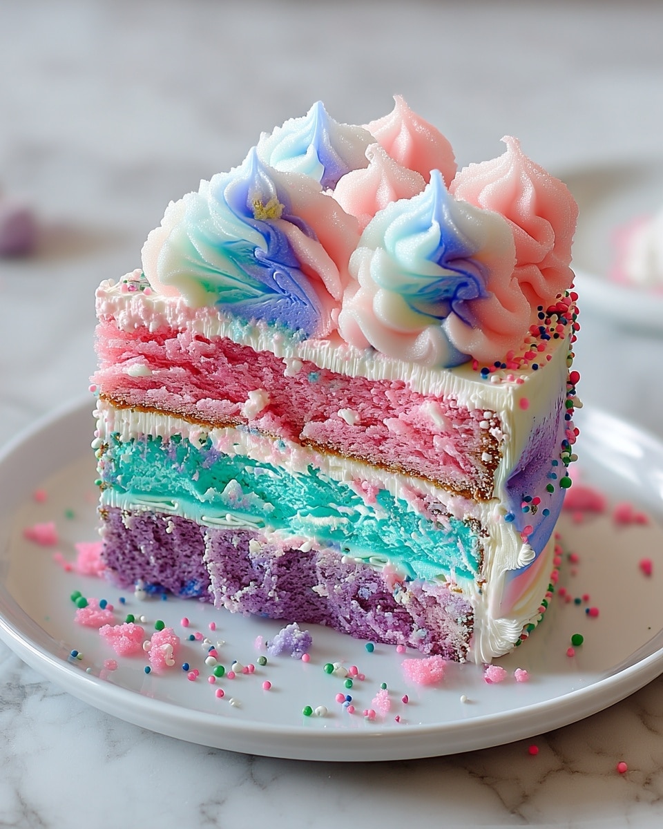 The image shows a small, three-layered cake on a white plate with a white marbled surface below. The top cake layer is pink and crumbly, the middle layer is light turquoise with a fluffy texture, and the bottom layer is a mix of pink and purple with a soft, spongy look. The cake is covered in white frosting with hints of light purple and blue swirls around the sides. The top is decorated with thick, puffy dollops of pastel frosting in pink, blue, and white colors. Sprinkles in pink, blue, and green add a playful touch around the base and on top of the cake. Loose crumbs and sprinkles are scattered on the plate near the cake. Photo taken with an iphone --ar 4:5 --v 7