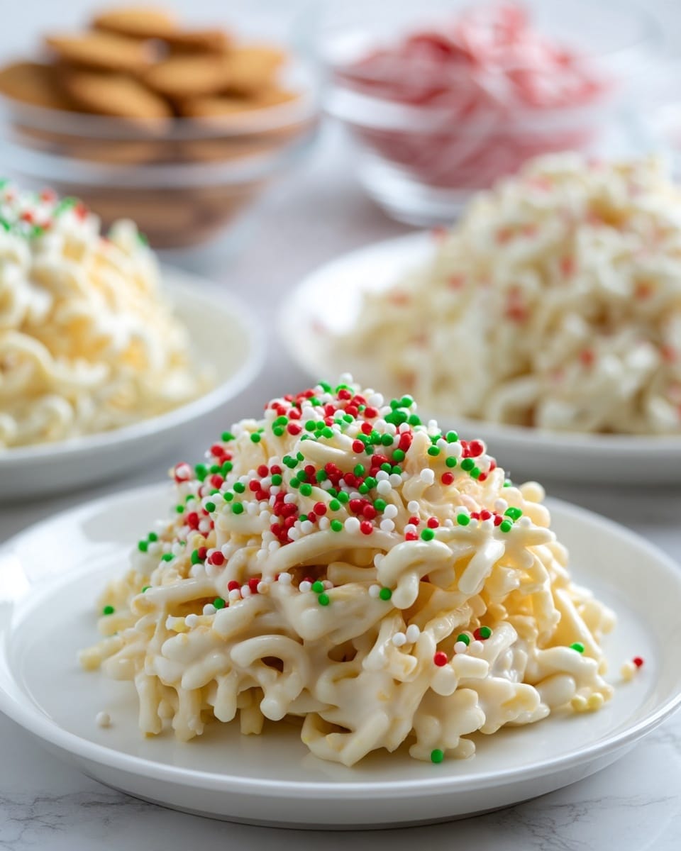 A close-up of a single mound of white chocolate-coated chow mein noodles piled loosely on a white plate, topped with small round red, green, and white sprinkles scattered over the surface. In the blurred background, there are more clusters of the same white chocolate-covered chow mein noodles on another white plate and clear glass bowls filled with various snacks on a white marbled surface. The colors are soft with creamy whites and festive sprinkles adding a pop of red and green. photo taken with an iphone --ar 4:5 --v 7