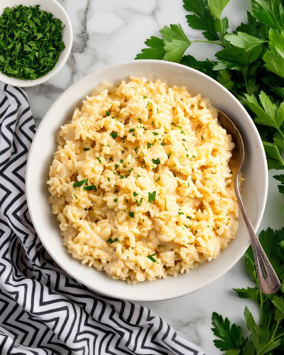 A bowl filled with one layer of creamy rice cooked to soft texture, showing a pale yellow color mixed with light hints of cheese sauce. Small pieces of green herbs are scattered on top, adding light green spots across the dish. The bowl is white with a subtle rim design, sitting on a white marbled surface. Around the bowl, fresh green parsley leaves, a silver spoon, and a small white bowl with chopped herbs can be seen, along with a striped black and white cloth partially visible under the bowl. Photo taken with an iphone --ar 4:5 --v 7