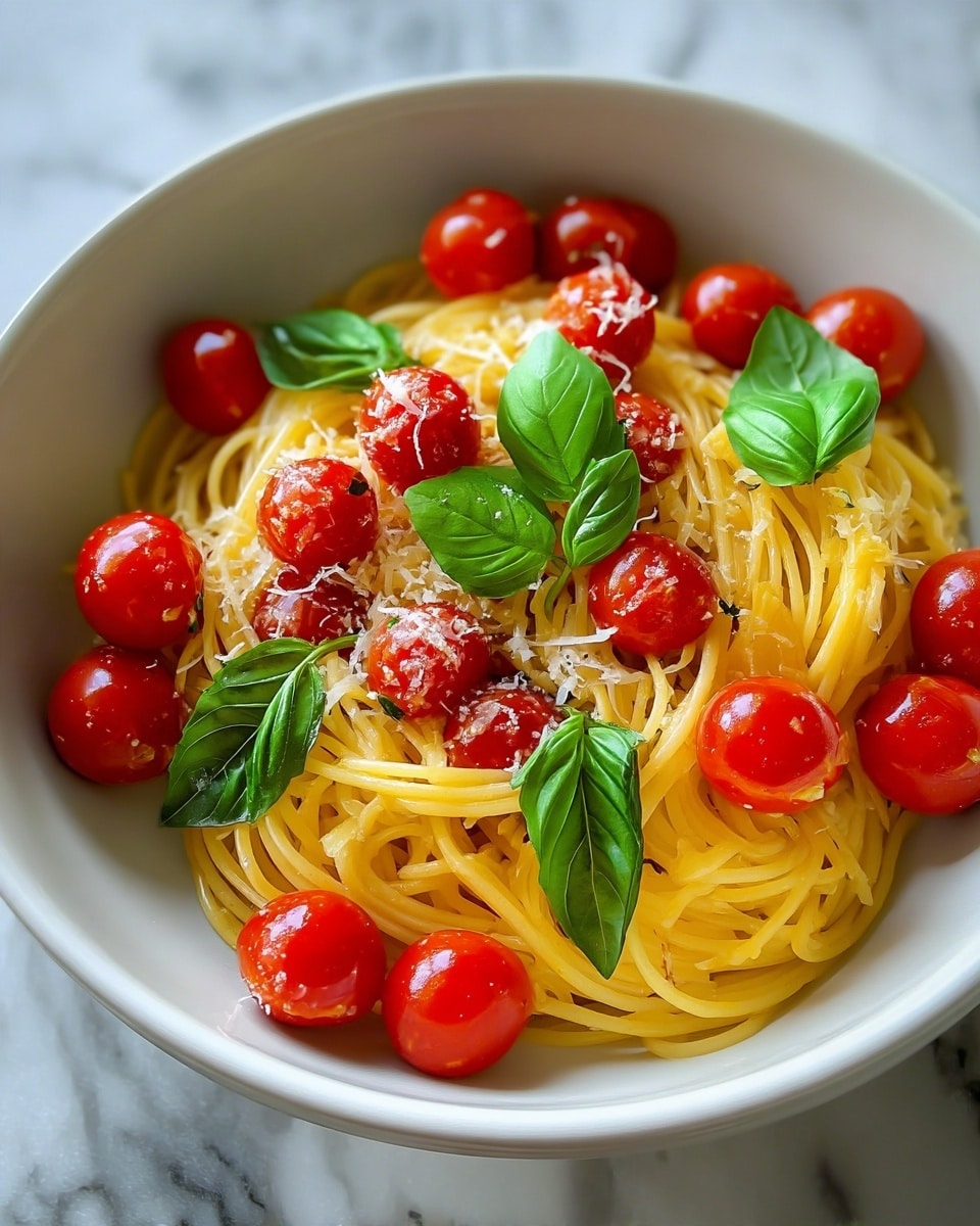 A close-up view of a white bowl filled with three main layers: the bottom layer is a nest of golden-yellow spaghetti strands, the middle layer has bright red cherry tomatoes scattered evenly, and the top layer is sprinkled with light white grated cheese and fresh green basil leaves. The textures show soft, slightly shiny pasta, smooth and glossy tomatoes, and delicate, leafy basil. The whole scene rests on a white marbled surface. photo taken with an iphone --ar 4:5 --v 7