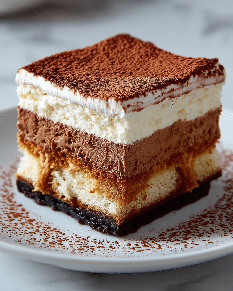 Several square pieces of tiramisu are laid out on a white marbled surface. Each piece has three clear layers: a light brown soaked cake at the bottom, a creamy white layer in the middle, and a thick white cream layer on top, all dusted generously with a dark reddish-brown cocoa powder giving a textured look. The cocoa powder is spread unevenly, creating a natural pattern over the smooth cream surface. The edges of the cakes are cleanly cut, showing the soft and moist texture of the layers. photo taken with an iphone --ar 4:5 --v 7