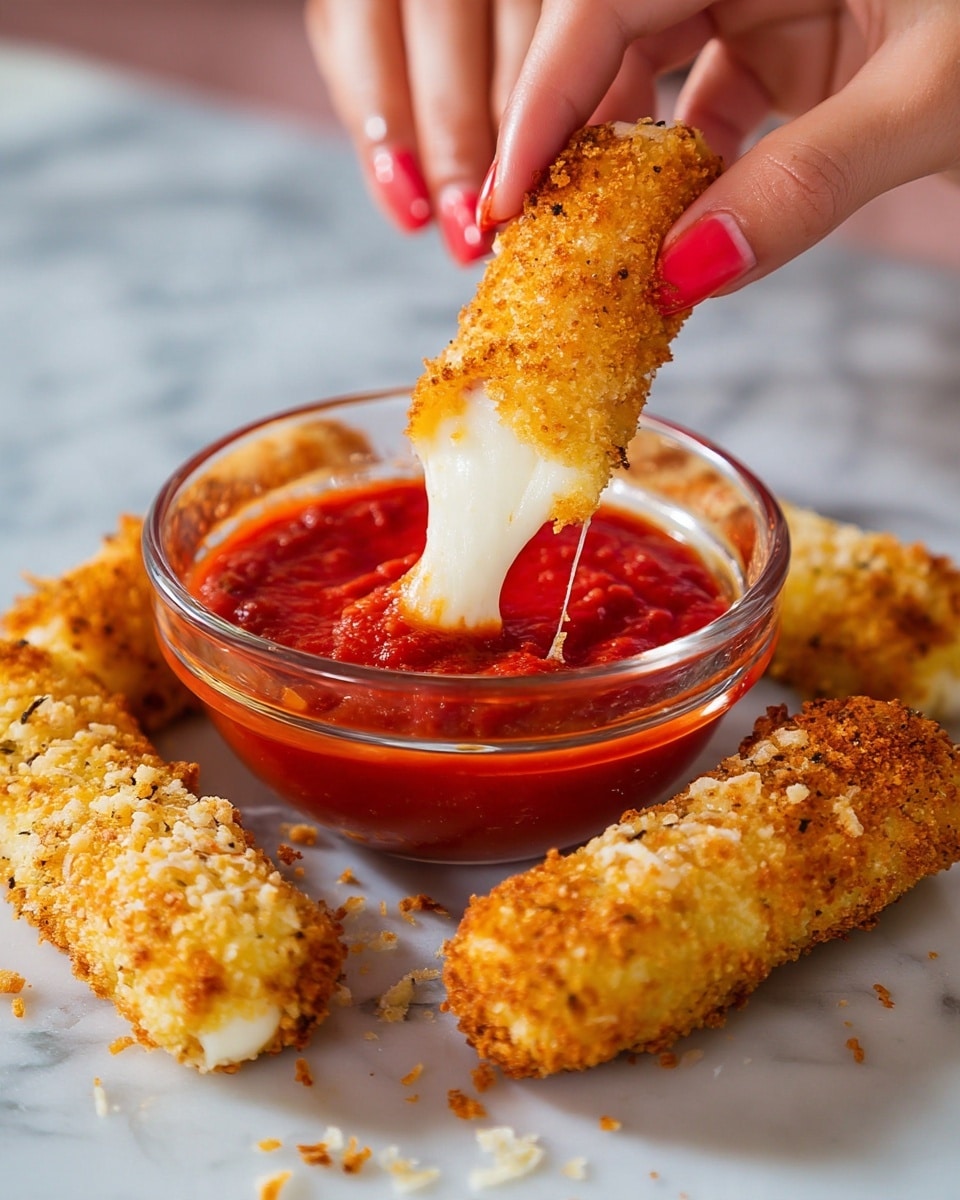 Five golden brown breaded cheese sticks with a rough crispy texture are spread around a small clear glass bowl filled with bright red smooth marinara sauce, all placed on a white marbled surface. Two woman's hands with coral red nail polish are pulling apart one cheese stick, revealing the melted soft white cheese inside that stretches slightly. Some crumbs from the breaded coating are scattered around. photo taken with an iphone --ar 4:5 --v 7