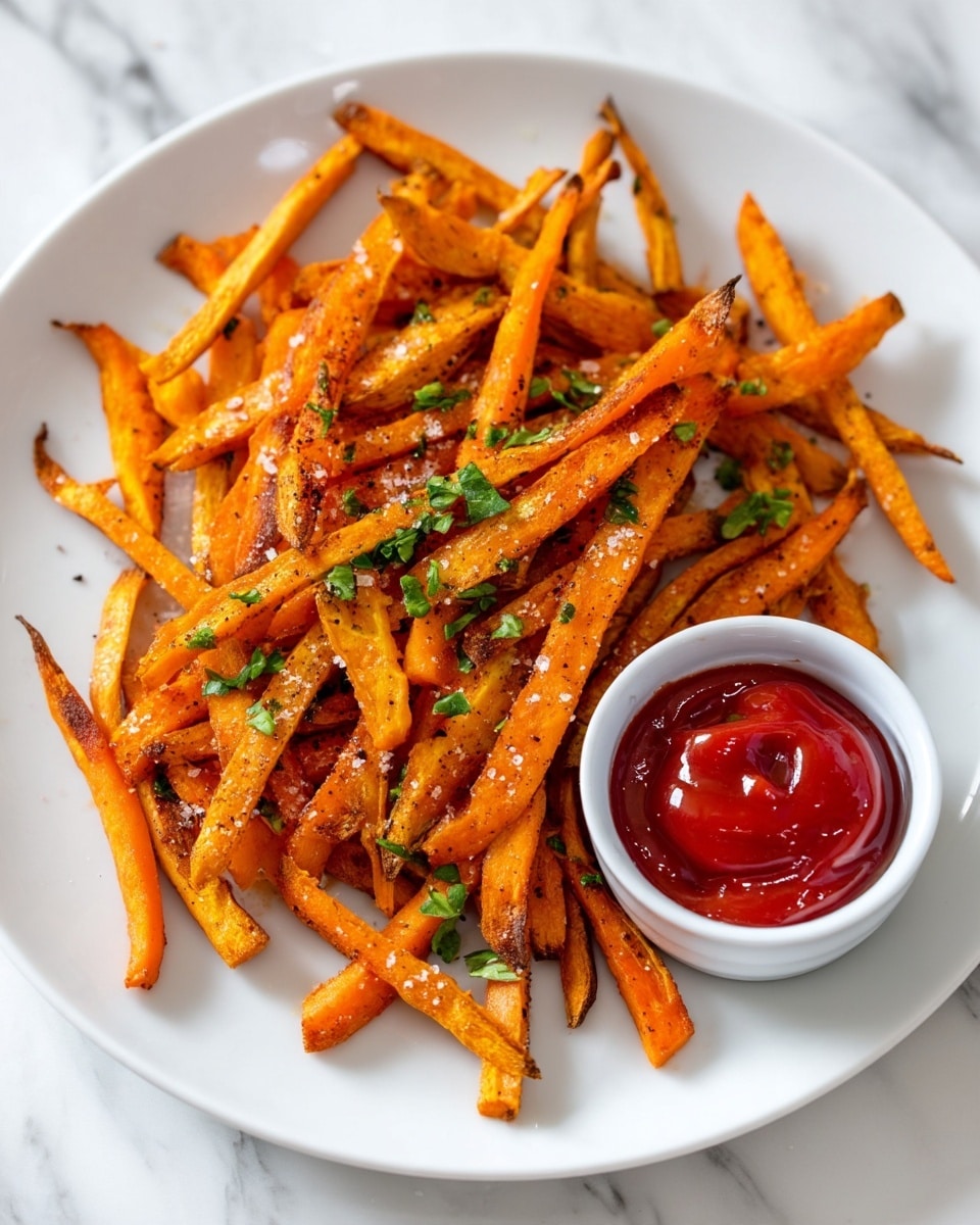 The image shows a black air fryer basket filled with bright orange sweet potato fries. The fries are cut in medium-thick strips with some having slightly darker, crispy browned edges. Small green herb leaves, likely cilantro, are scattered on top of the fries, adding contrast and freshness. The fries have a light coating of seasoning visible as dark specks on their surface. The basket sits on a white marbled texture. photo taken with an iphone --ar 4:5 --v 7