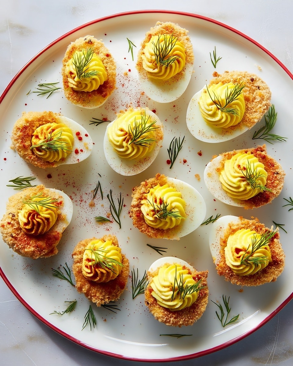 A white plate with a thin red rim holds fifteen baked deviled eggs arranged in a scattered pattern. Each egg is cut in half, with a golden-brown crumb crust layer covering the egg white. On top is a smooth, creamy yellow yolk mixture piped into a swirled rosette shape. A small green sprig of dill sits on each yolk swirl, and there are light red specks of paprika sprinkled over the eggs and plate. Small dill leaves are also scattered around the plate on a white marbled surface. Photo taken with an iphone --ar 4:5 --v 7