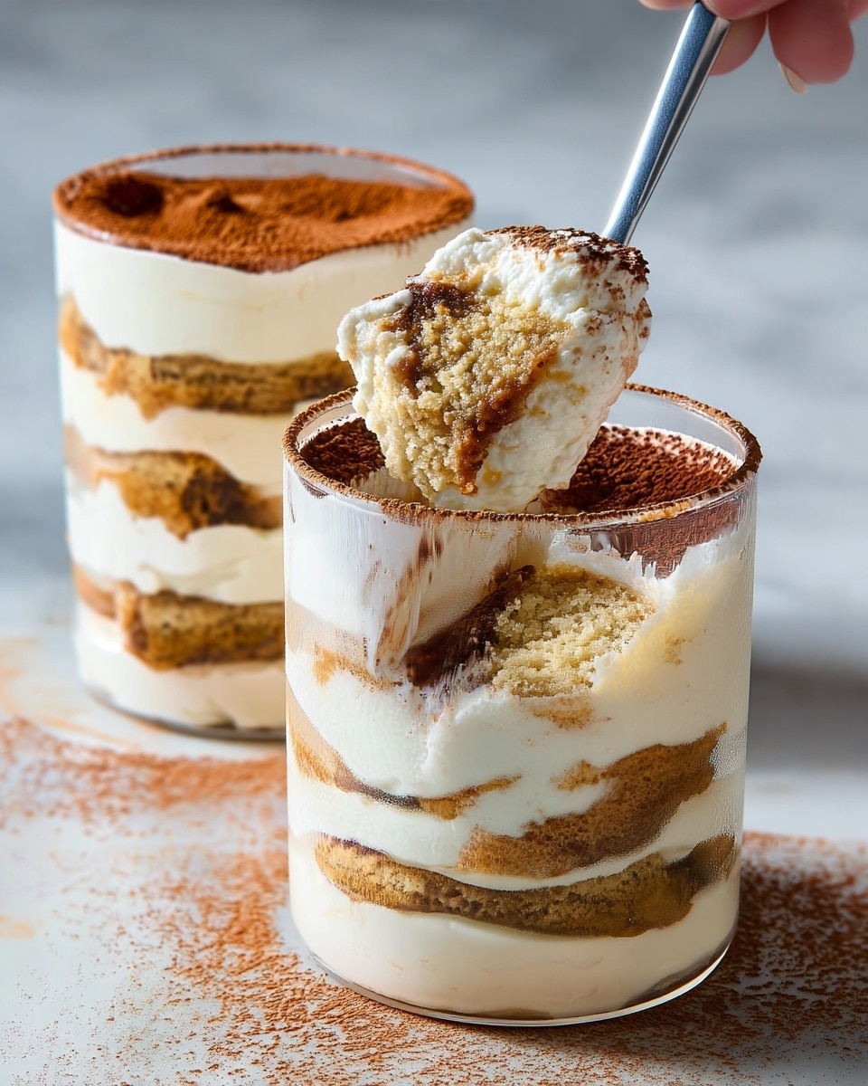 Two clear glass cups hold a layered dessert with four visible layers each; starting from the bottom, a creamy white layer, followed by a light brown soaked cake layer, then another creamy white layer, another soaked cake layer, and topped with a final thick white creamy layer dusted with cocoa powder. The dessert appears soft and creamy with a smooth texture, and the front cup has a spoon scooping into the top, showing the creamy texture mixed with cake. The cups are on a white marbled surface dusted lightly with cocoa powder, and the background is also white marbled. Photo taken with an iphone --ar 4:5 --v 7