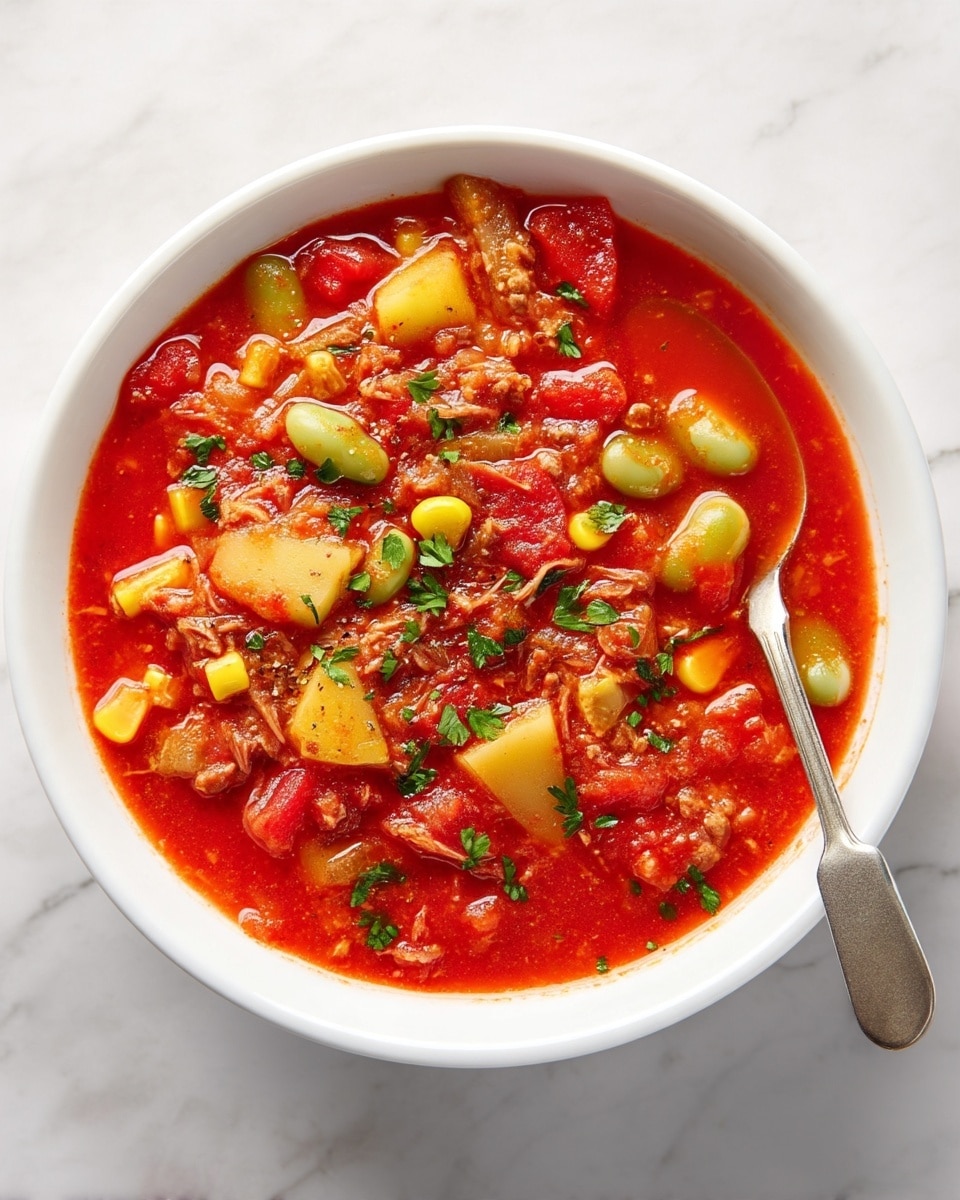 A white bowl filled with thick red tomato soup as the base layer, with visible chunks of yellow corn, soft pale green lima beans, and light yellow potato pieces floating through it; bits of shredded meat and diced tomatoes add texture throughout, topped with small bright green chopped herbs scattered on top. The bowl rests on a white marbled surface, with a silver spoon placed above the bowl. Photo taken with an iphone --ar 4:5 --v 7