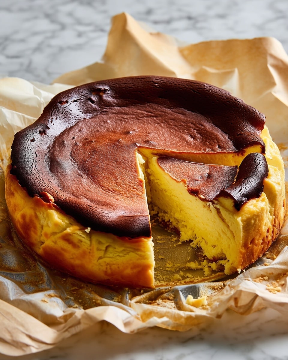 A round cheesecake with two visible layers is shown on crumpled parchment paper. The bottom layer is thick and creamy yellow, looking dense and soft. The top layer is a darker, burnt brown, thin and slightly cracked, covering the cake like a crust. One slice is cut and slightly pulled out, showing the smooth inside of the cheesecake. The cake edges are uneven but soft. The whole scene is set on a white marbled surface. photo taken with an iphone --ar 4:5 --v 7
