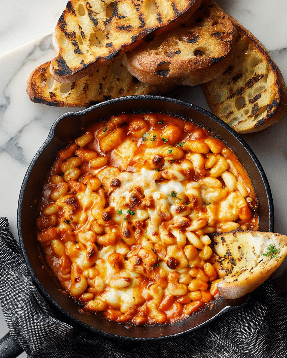 A cast iron pan filled with baked gnocchi covered in a melted golden-brown cheese layer on top, with the gnocchi visible underneath showing a soft pale orange sauce. The pan is placed on a white marbled surface next to several slices of toasted bread with dark grill marks and a golden, slightly oily texture. One slice of bread rests dipped slightly into the gnocchi. A folded dark-gray cloth is seen partially under the pan. Photo taken with an iphone --ar 4:5 --v 7
