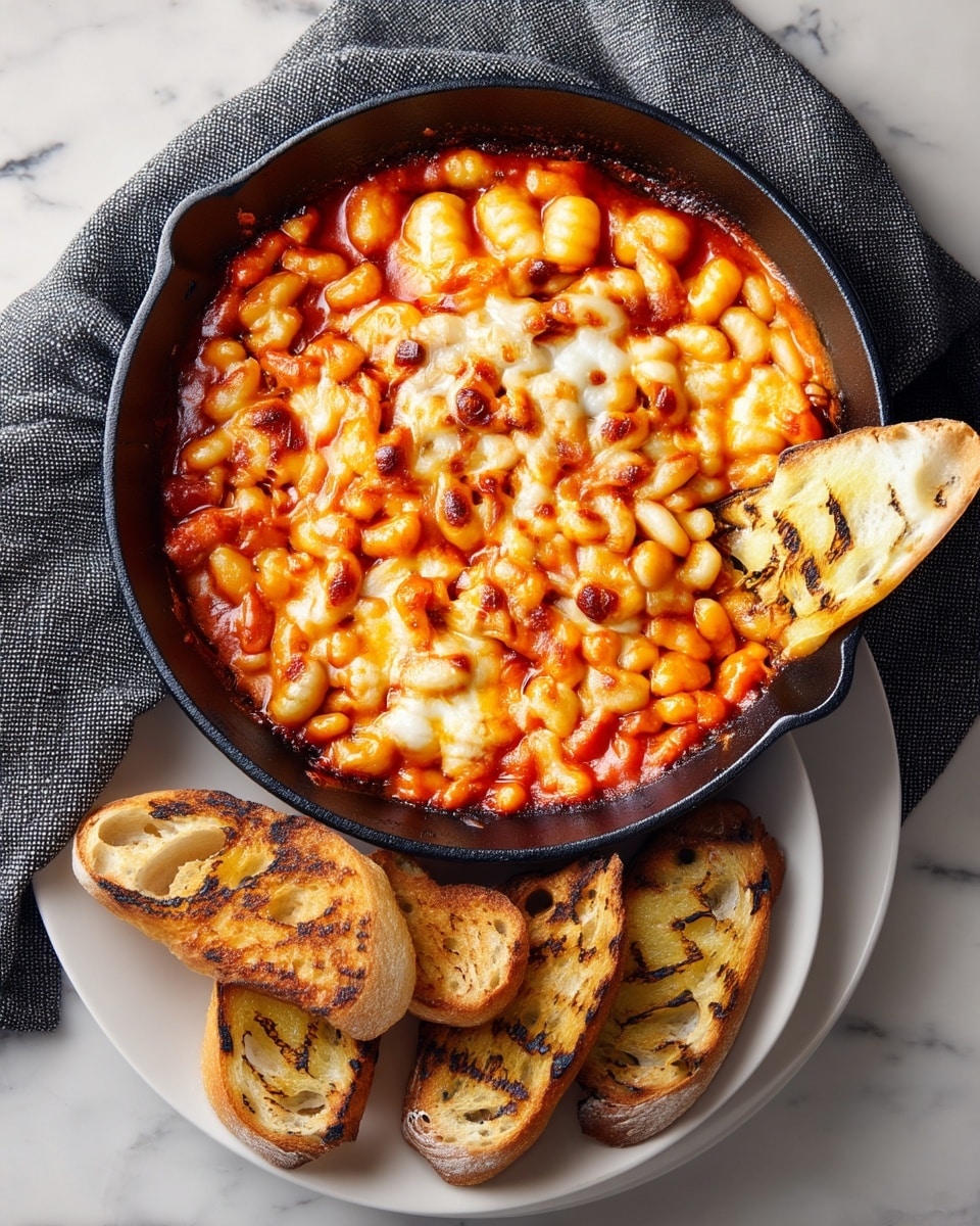 A cast iron skillet filled with a single layer of baked gnocchi covered in a melted cheese topping that is golden brown and bubbly with some darker spots, all sitting in a rich orange tomato sauce that peeks through the gnocchi edges. To the right of the skillet is a white plate holding several slices of grilled bread with visible grill marks and a slightly crispy texture, with one slice placed partially in the skillet. A dark gray cloth napkin with a subtle textured pattern lies beneath the skillet on a white marbled surface. photo taken with an iphone --ar 4:5 --v 7