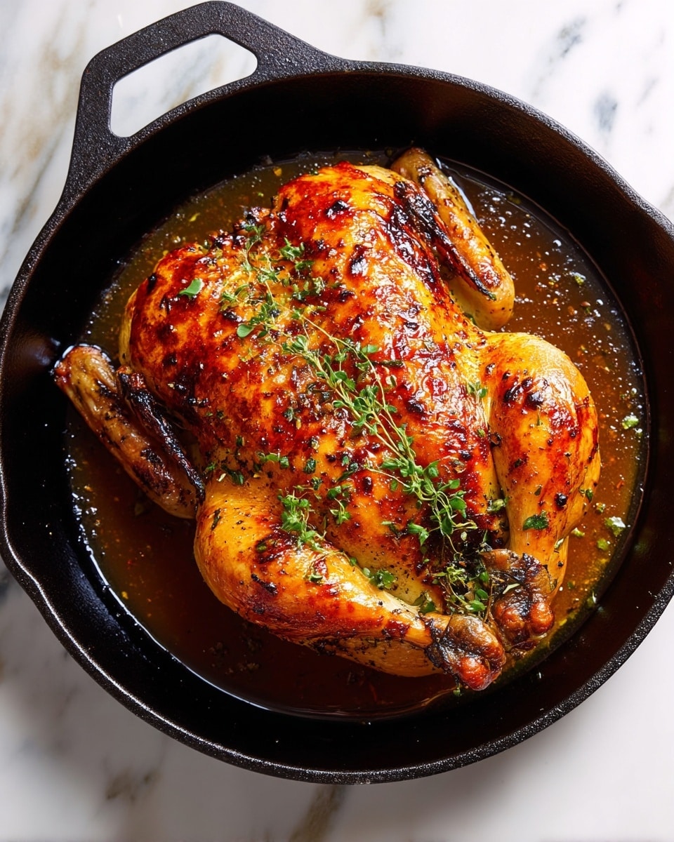 A whole roasted chicken with a shiny golden-brown skin sits in a black cast iron skillet, showing a crispy texture with darker caramelized spots and herbs sprinkled over the surface. The chicken is spread flat with wings and legs tucked slightly underneath, and some juices pooled around it. The skillet rests on a white marbled surface, creating a clean and bright background contrast to the rich colors of the chicken and pan. photo taken with an iphone --ar 4:5 --v 7