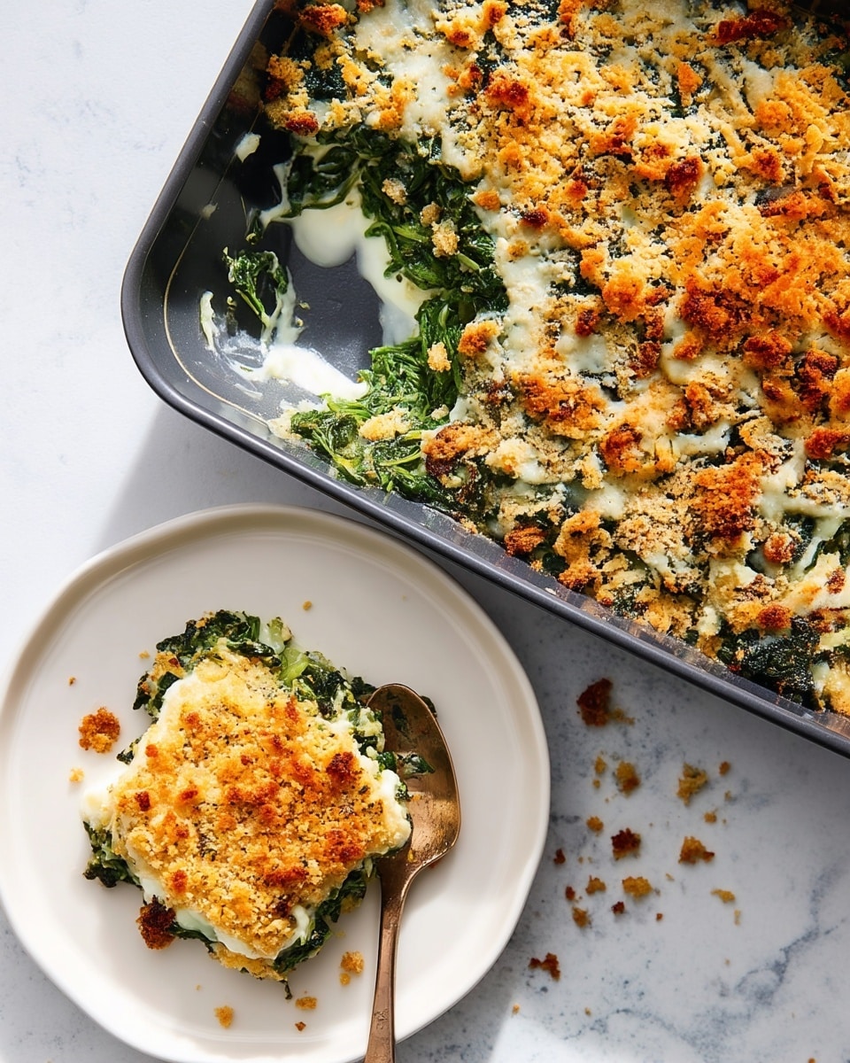 A baked casserole is shown in a dark baking dish with three visible layers: a green leafy vegetable layer at the bottom with a wilted texture, a creamy white cheese layer in the middle, and a golden brown, crispy breadcrumb topping scattered unevenly on the top. Part of the dish has been scooped out, revealing the layers clearly. Next to the baking dish, a white plate holds a portion of the casserole, showing the mix of green, white, and golden crumbs with some crumbs spilled around. The scene rests on a white marbled textured surface. Photo taken with an iphone --ar 4:5 --v 7