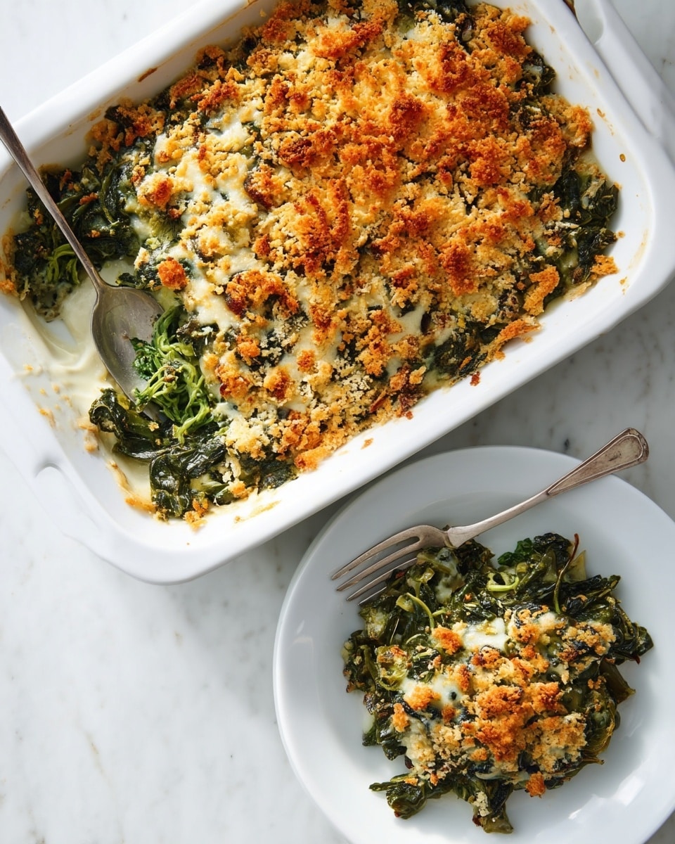 A white rectangular baking dish filled with a baked green vegetable casserole topped with a golden-brown crumbly layer that includes melted cheese and crispy breadcrumbs. The casserole shows layers of dark green cooked leafy vegetables beneath the cheese and crumbs. Next to the baking dish, a white plate holds a scoop of the casserole, showing the chunky leafy green base mixed with the creamy, cheesy topping. The whole scene is set on a white marbled surface. Photo taken with an iphone --ar 4:5 --v 7