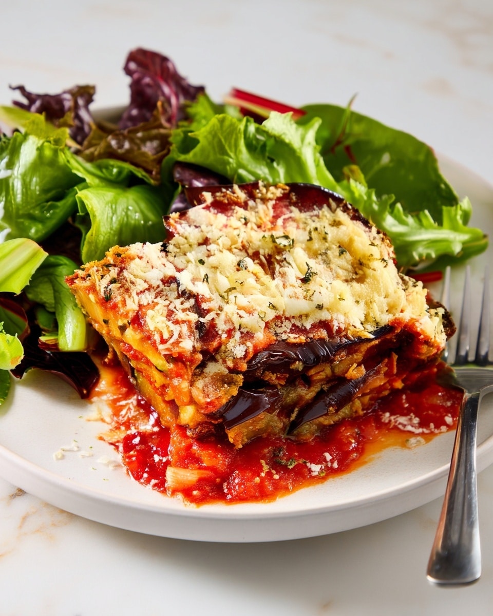 A white plate sits on a white marbled surface holding a serving of layered eggplant parmesan. The bottom layer is a bright red tomato sauce, followed by tender, thick slices of roasted dark purple eggplant, and melted cheese in between. The top layer is a golden, crispy breadcrumb crust with herb flakes. Surrounding the main dish is a fresh side of leafy greens, mainly bright and dark green lettuce with some deep red leaves. A silver fork is partially visible next to the dish. Photo taken with an iphone --ar 4:5 --v 7