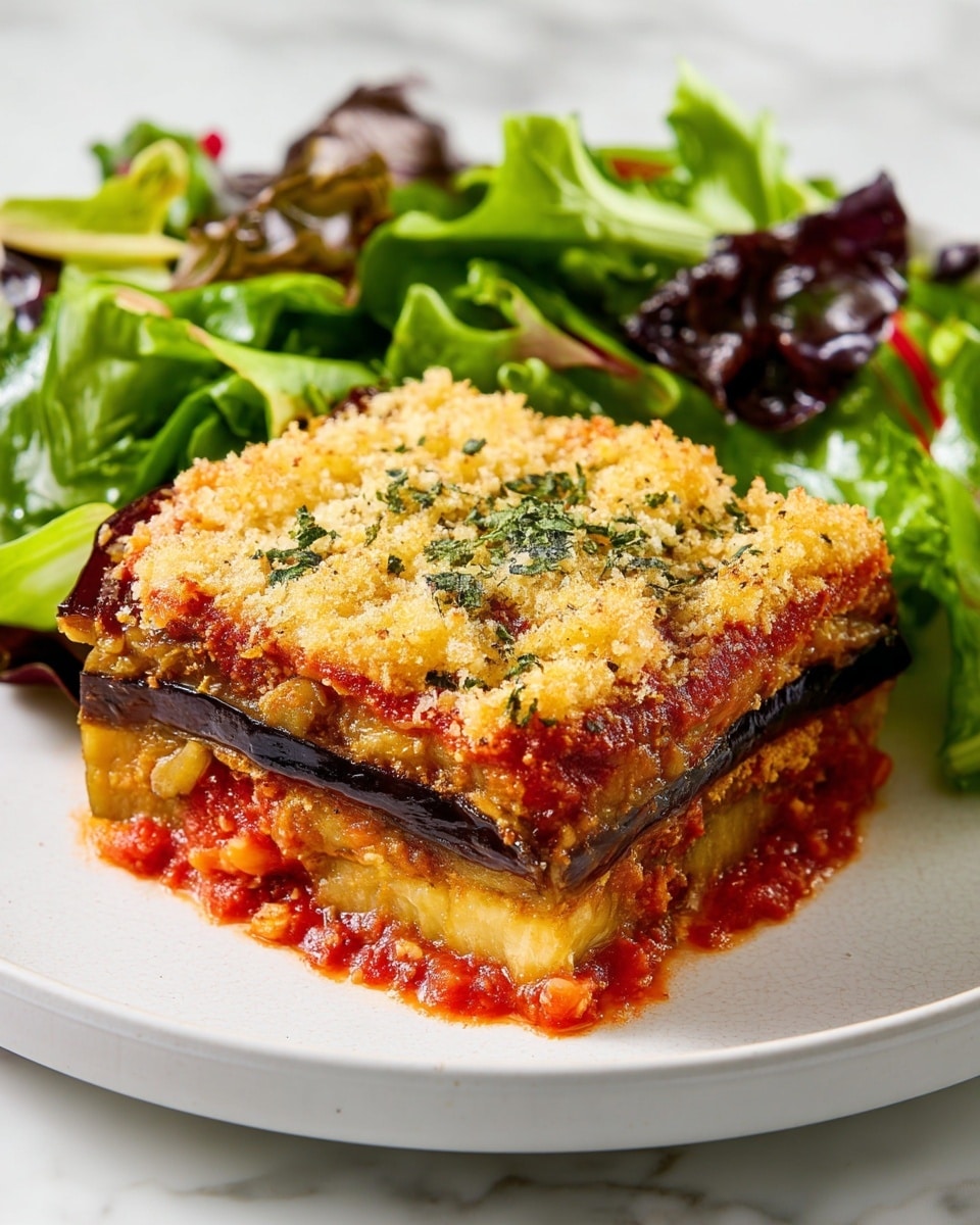 A square slice of layered eggplant dish sits on a white plate, showing rich textures and colors. The bottom layer is a bright red tomato sauce, thick and chunky, topped by a soft golden-yellow layer, likely cheese or a creamy filling. Above this, thick slices of deep purple eggplant are visible, giving a rich, glossy look. The top layer is covered in a light, crumbly golden breadcrumb crust with specks of herbs. Around the main slice is a fresh side salad with mixed green leaves, some dark purple and bright green, adding a fresh contrast. The plate rests on a white marbled surface. photo taken with an iphone --ar 4:5 --v 7