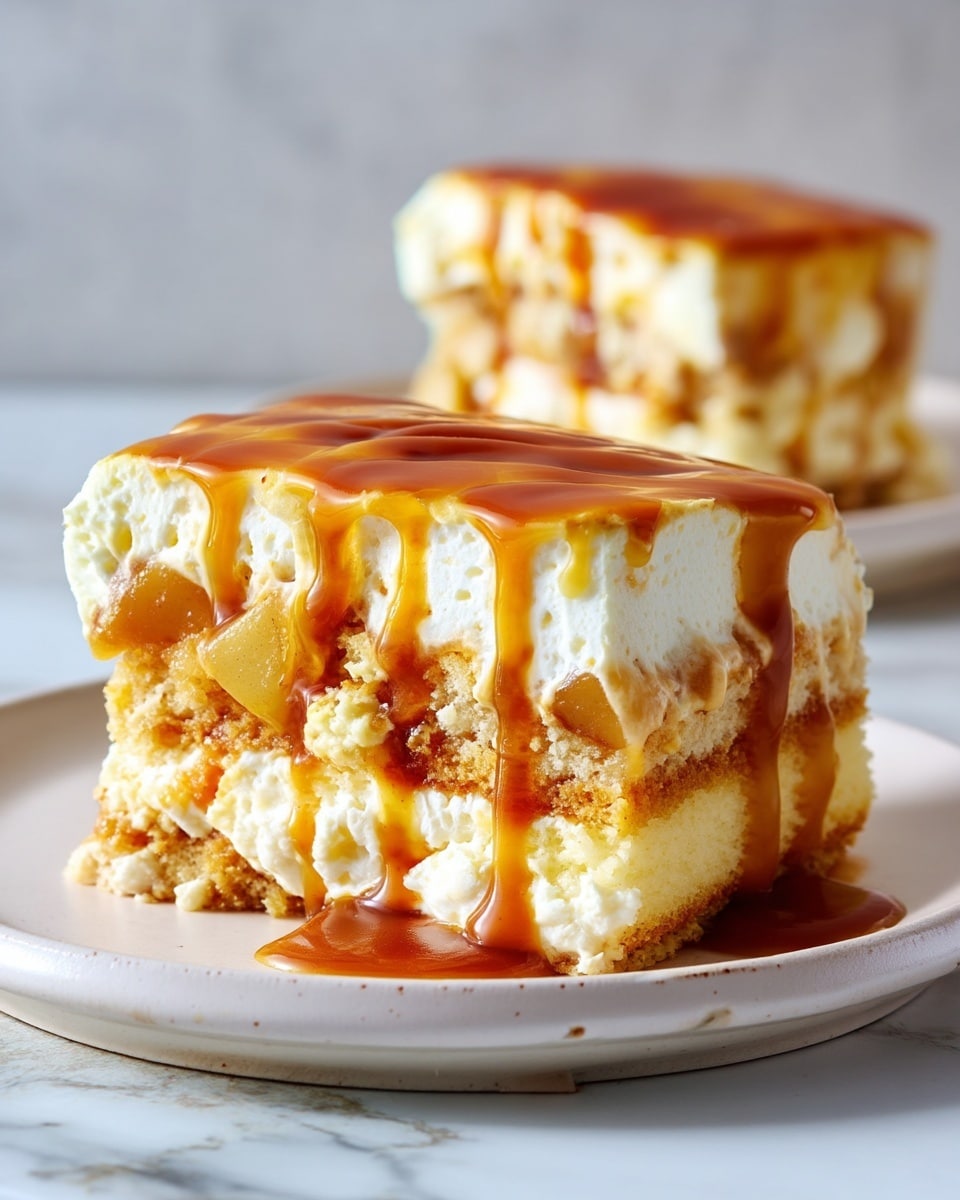 A close-up of a slice of layered caramel dessert on a white plate with a white marbled background. The bottom layer is a soft, golden sponge cake soaked with light caramel sauce. Above that is a creamy white layer of whipped cream or mousse mixed with chunks of tender, golden apple pieces. The top layer is a smooth, glossy caramel glaze that drips slightly over the sides. In the background, there is another slice of the same dessert on a similar white plate, slightly out of focus. Photo taken with an iphone --ar 4:5 --v 7