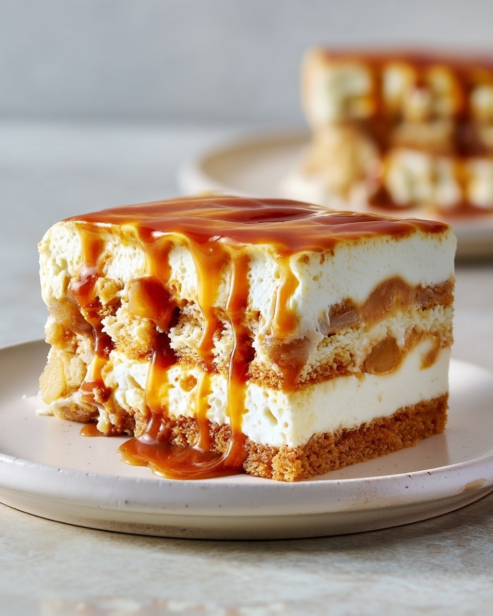 A slice of layered dessert sits on a simple white plate over a white marbled surface, showing three distinct layers: at the bottom, a soft, light brown cake layer with a slightly crumbly texture; in the middle, a thick creamy white layer mixed with chunks of fruit or cake pieces, interspersed with rich brown caramel swirls; and on top, a smooth, glossy caramel glaze that drips slightly down the sides. In the background, a blurred second slice echoes the same layers and colors. Photo taken with an iphone --ar 4:5 --v 7
