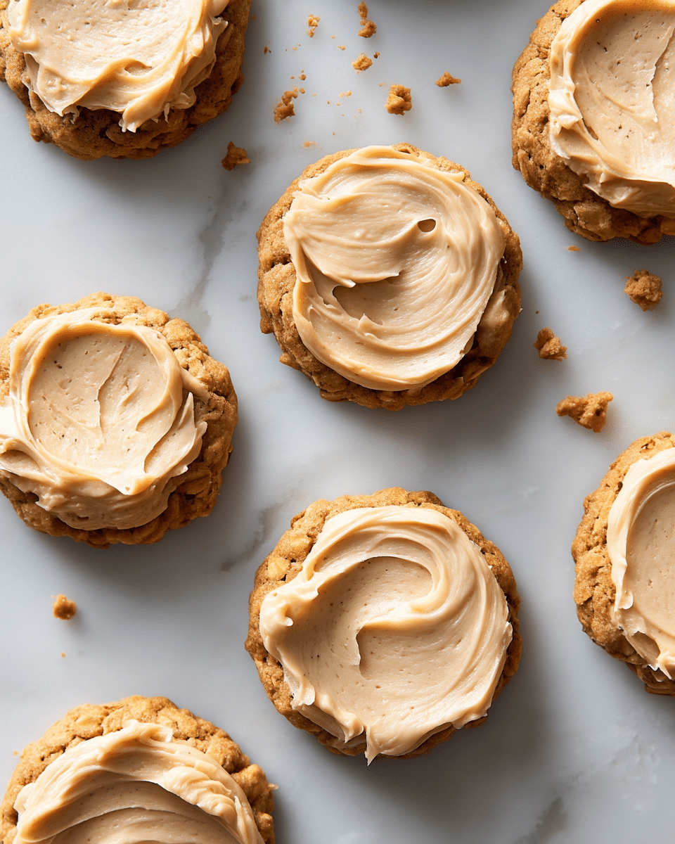Cookies are spread out on a white marbled surface, some plain with a golden-brown, rough texture showing visible oats, and others topped with a thick, creamy, light tan frosting that is smoothly swirled on top. The cookies have slightly uneven, homemade shapes, with the frosting sitting on just one layer on each cookie. The lighting highlights the texture of the oatmeal and the creamy softness of the frosting. photo taken with an iphone --ar 4:5 --v 7