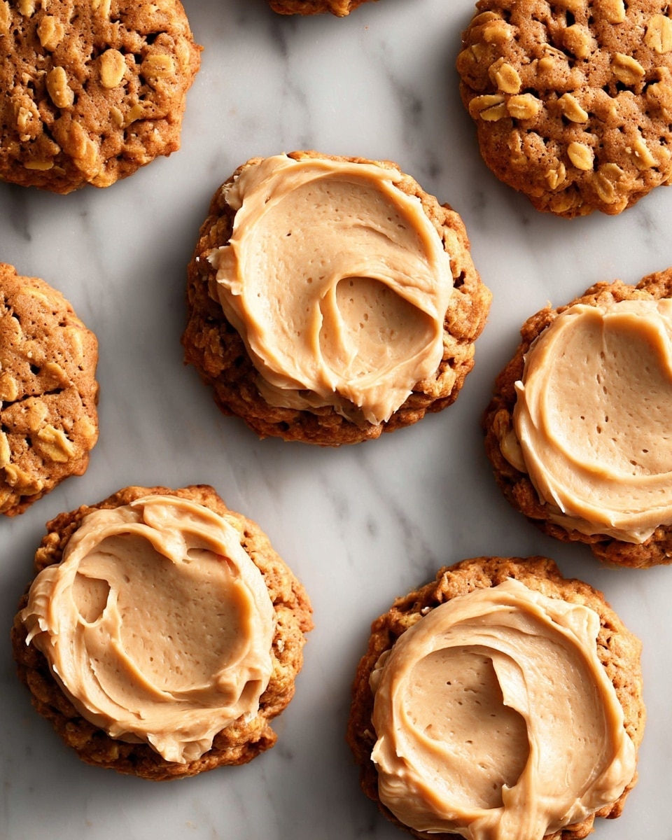 Several round cookies are spread out on a white marbled surface. Each cookie has one or two layers: the base layer is golden brown with a rough, crumbly texture, showing bits of oats, while the top layer is a thick, creamy frosting in a light beige color with smooth swirls. Some cookies have frosting spread fully, while others are without frosting. The cookies are arranged in a loose pattern with some crumbs scattered around. Photo taken with an iphone --ar 4:5 --v 7