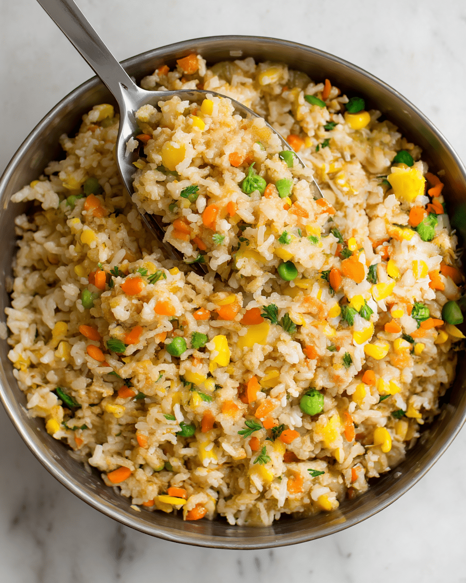 A close-up view of a pan filled with cooked fried rice mixed with small pieces of colorful vegetables including orange carrots, yellow corn, and green peas, making the dish look textured and vibrant. The rice is light brown and slightly greasy, evenly spread across the pan with a metal spoon partially submerged in it. The background shows a white marbled surface, adding a clean and simple contrast to the colorful food. Photo taken with an iphone --ar 4:5 --v 7