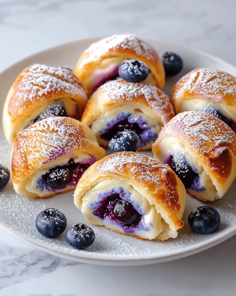 A white plate holds six crescent-shaped pastries arranged in a circle, each pastry showing a soft, golden-brown outside layer dusted lightly with white powdered sugar. The pastries have two inner layers: a thick, creamy white filling and a deep purple blueberry filling around a whole dark blueberry in the center. Fresh blueberries are placed on and around the pastries on the plate. The plate sits on a white marbled texture surface. Photo taken with an iphone --ar 4:5 --v 7