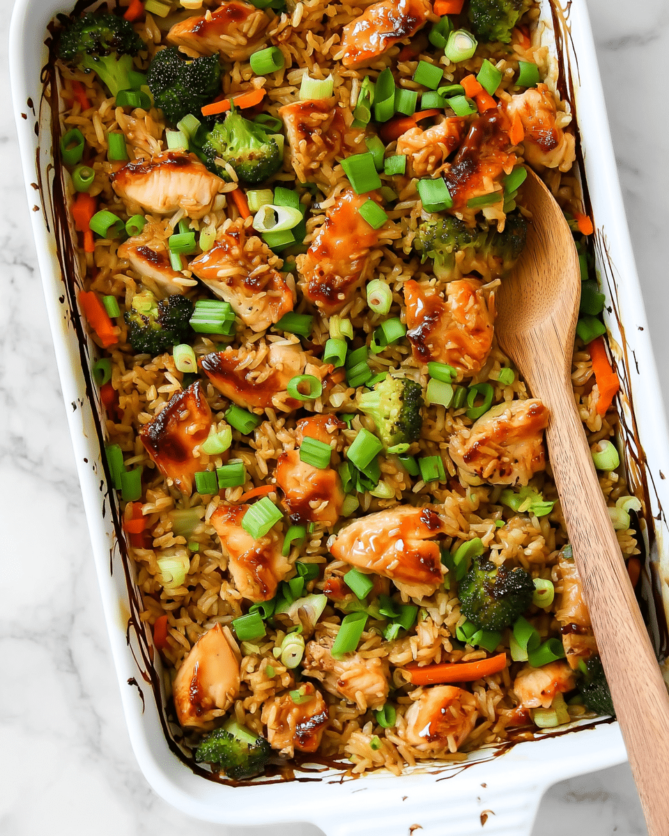 The image shows a white rectangular baking dish filled with a colorful stir-fried rice dish. The base layer consists of golden-brown cooked rice, mixed evenly with small bright orange carrot slices and dark green broccoli florets. On top of the rice and vegetables are glossy, caramel-colored grilled chicken pieces scattered throughout. Freshly chopped green onions are sprinkled over the dish, adding a vibrant green contrast. A wooden spoon is partially immersed in the dish, stirring the contents. The dish is placed on a white marbled surface. photo taken with an iphone --ar 4:5 --v 7