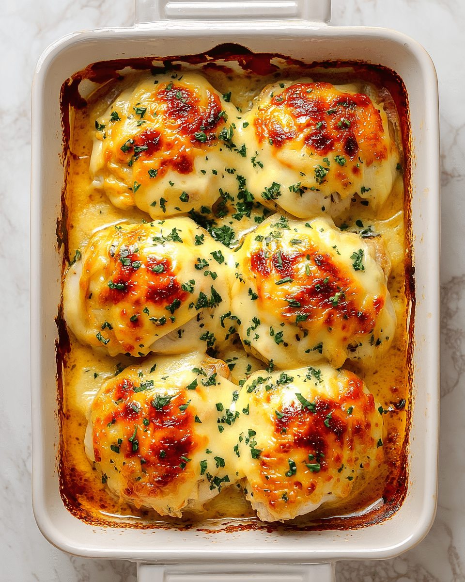 A white baking dish filled with six golden-brown baked chicken thighs, each covered with a thick layer of melted cheese that has crispy, slightly browned spots and is sprinkled with finely chopped green herbs. The cheese layer is creamy and glossy, melting down the sides of the chicken, while the chicken beneath looks tender and juicy with a pale, cooked color. The edges of the dish show some baked-on sauce that has a rich, golden color. The whole scene is set on a white marbled surface. photo taken with an iphone --ar 4:5 --v 7