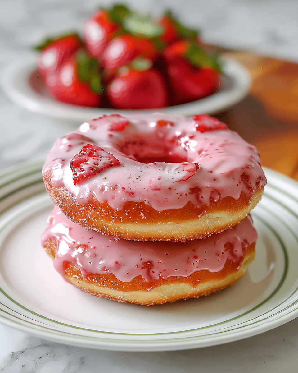 The image shows two soft, round donuts stacked slightly on a white plate with a thin green line near the edge, placed on a white marbled surface. The top donut is fully covered with a shiny, pink strawberry-flavored glaze that has an even, smooth texture with small strawberry pieces embedded inside and scattered on top, giving it red spots with seeds. The donut underneath has a similar pink glaze but is only partially visible, showing its light golden brown dough at the base. In the blurred background, there is a white plate filled with fresh, bright red strawberries with green leaves. photo taken with an iphone --ar 4:5 --v 7