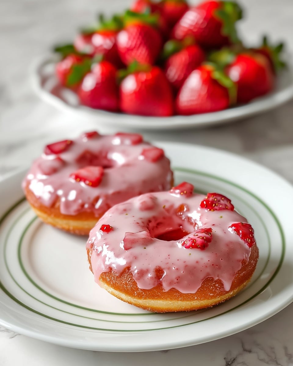 Two round donuts with a hole in the middle sit on a white plate with a thin green line near the edge. Each donut is covered with a glossy light pink glaze that looks smooth and creamy. Scattered on top of the glaze are small bright red strawberry pieces with visible seeds, adding texture and color. In the background, there is a white plate full of whole fresh strawberries with green leaves. The setting is on a white marbled surface. photo taken with an iphone --ar 4:5 --v 7