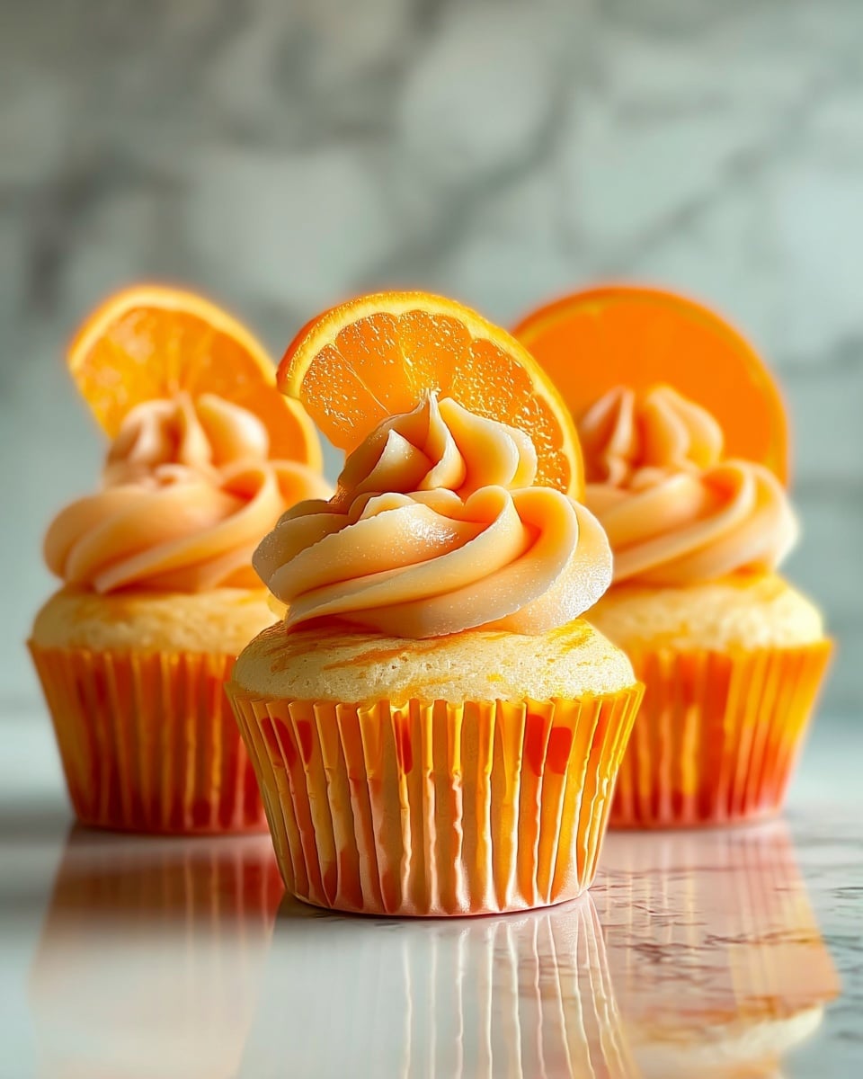 Three cupcakes are arranged close together on a reflective surface, each with one layer of light yellow cake wrapped in orange-yellow paper liners. On top of each cake is a smooth swirl of soft orange cream frosting, light and glossy in texture. Each cupcake is decorated with a fresh, bright orange slice inserted vertically into the frosting. The background is softly blurred with a white marbled texture underneath. photo taken with an iphone --ar 4:5 --v 7