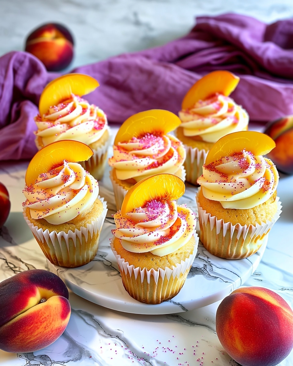 The image shows seven golden yellow cupcakes arranged on a white marble textured round plate. Each cupcake has a tall swirl of creamy white frosting on top, sprinkled with pink sugar crystals. A bright orange peach slice is neatly placed at the peak of each frosting swirl. The background features a white marble textured surface with some fresh peaches around the plate and a purple cloth draped slightly behind. The scene is bright and colorful with a fresh, inviting look. photo taken with an iphone --ar 4:5 --v 7