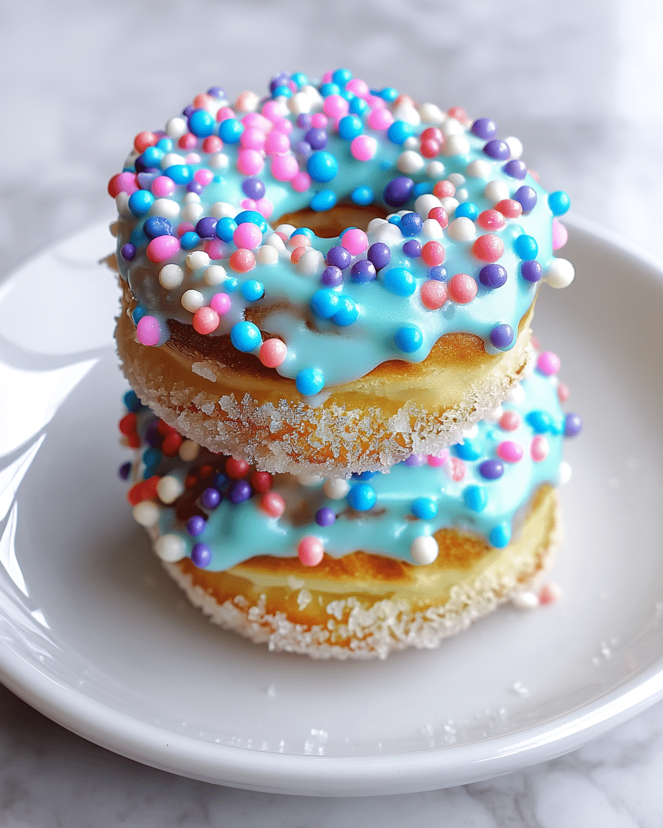 A stack of three donuts sits on a white plate, each donut showing two main layers: a light golden brown fried base with a rough sugar-coated edge, topped with a thick sky blue icing layer. The icing is covered with small round sprinkles in pastel colors of pink, white, purple, and blue, adding a playful texture and color contrast. The plate is slightly glossy, and the background has a soft white marbled texture. photo taken with an iphone --ar 4:5 --v 7
